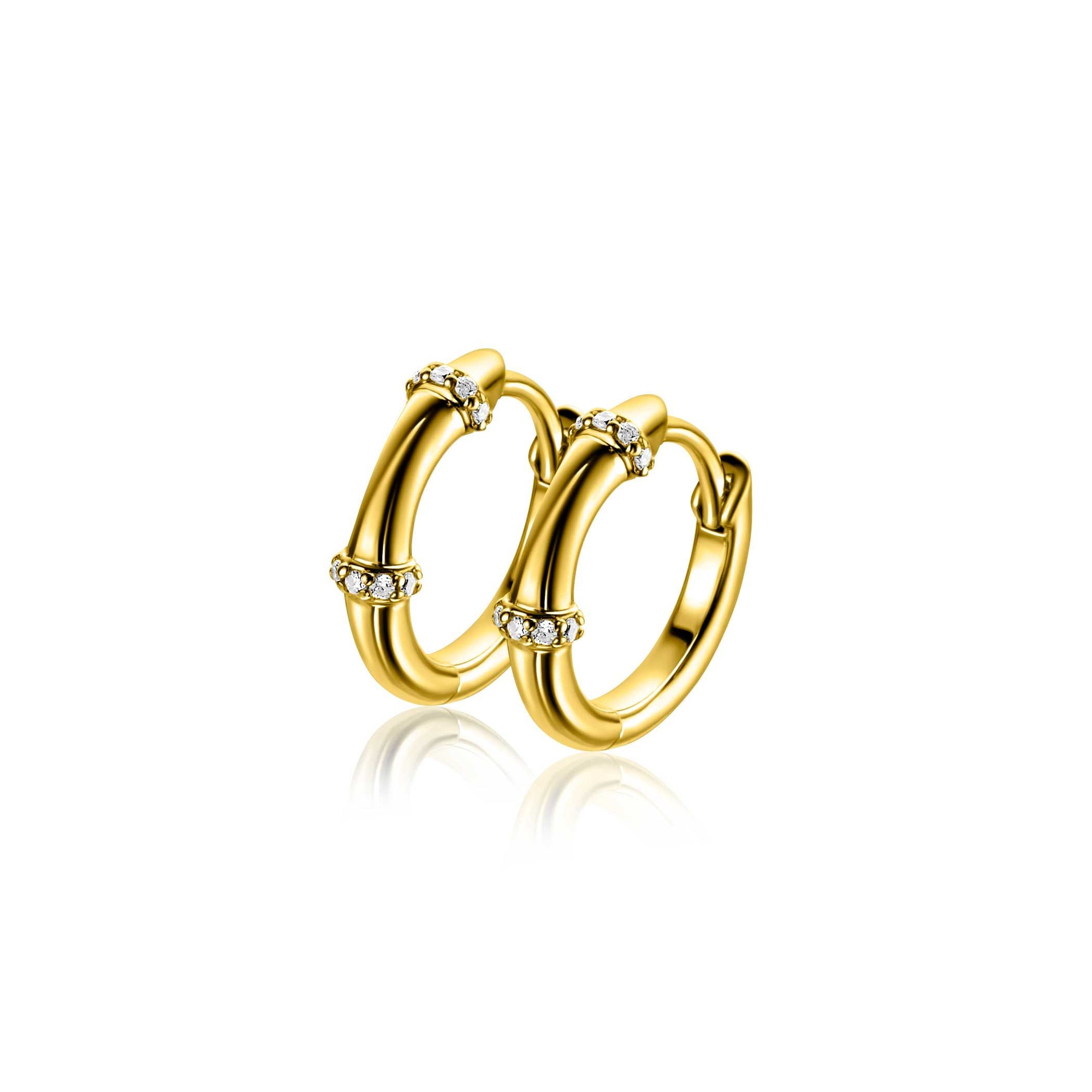 Zinzi 15mm gold plated zilveren oorringen met bamboo uitstraling, bezet met witte zirkonia's en luxe klapsluiting ZIO2687Y - PansiteNederland.nl