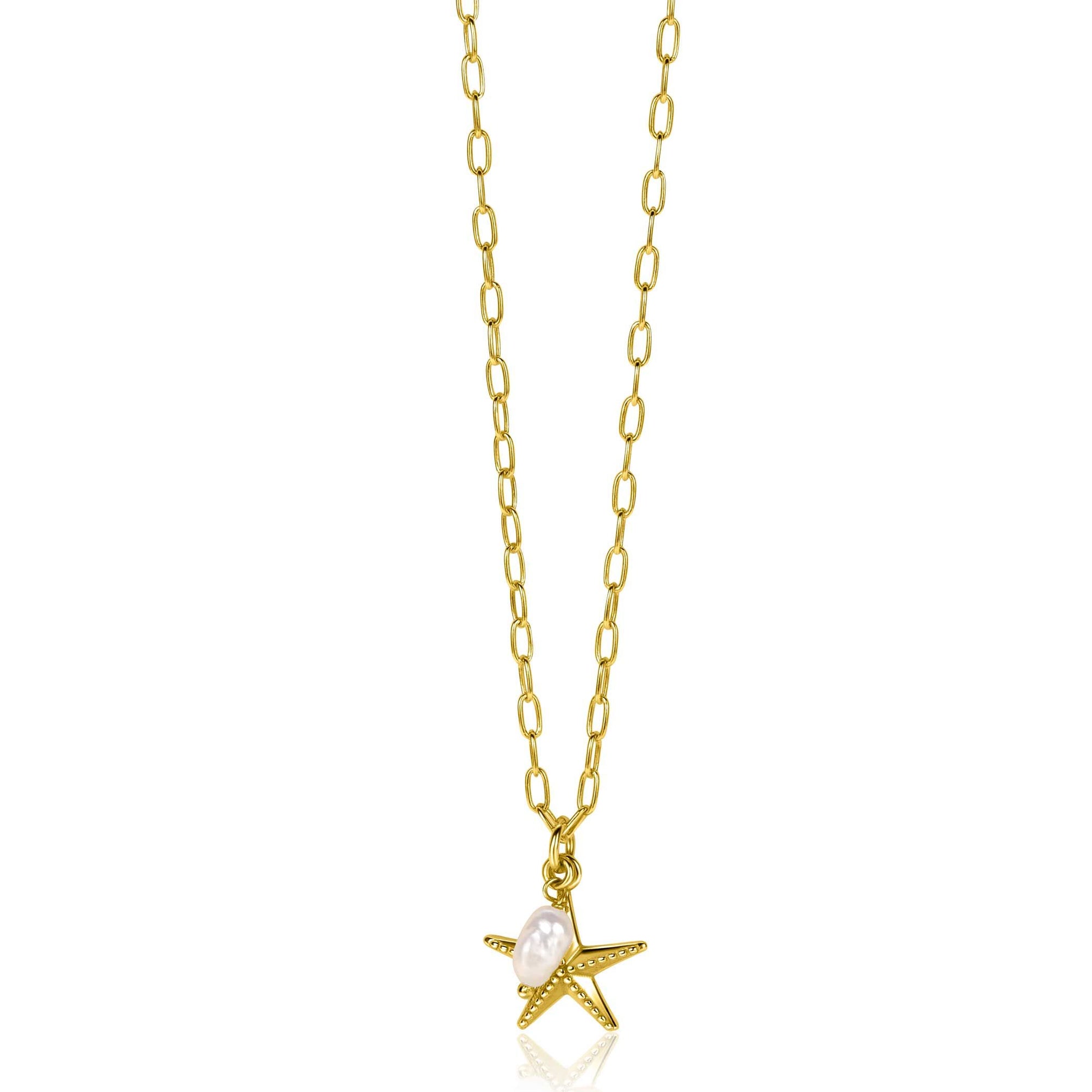 ZINZI gold plated zilveren ketting met paperclip-schakels en grote zeester hanger met ovale witte zoetwaterparel 40-45cm ZIC2641