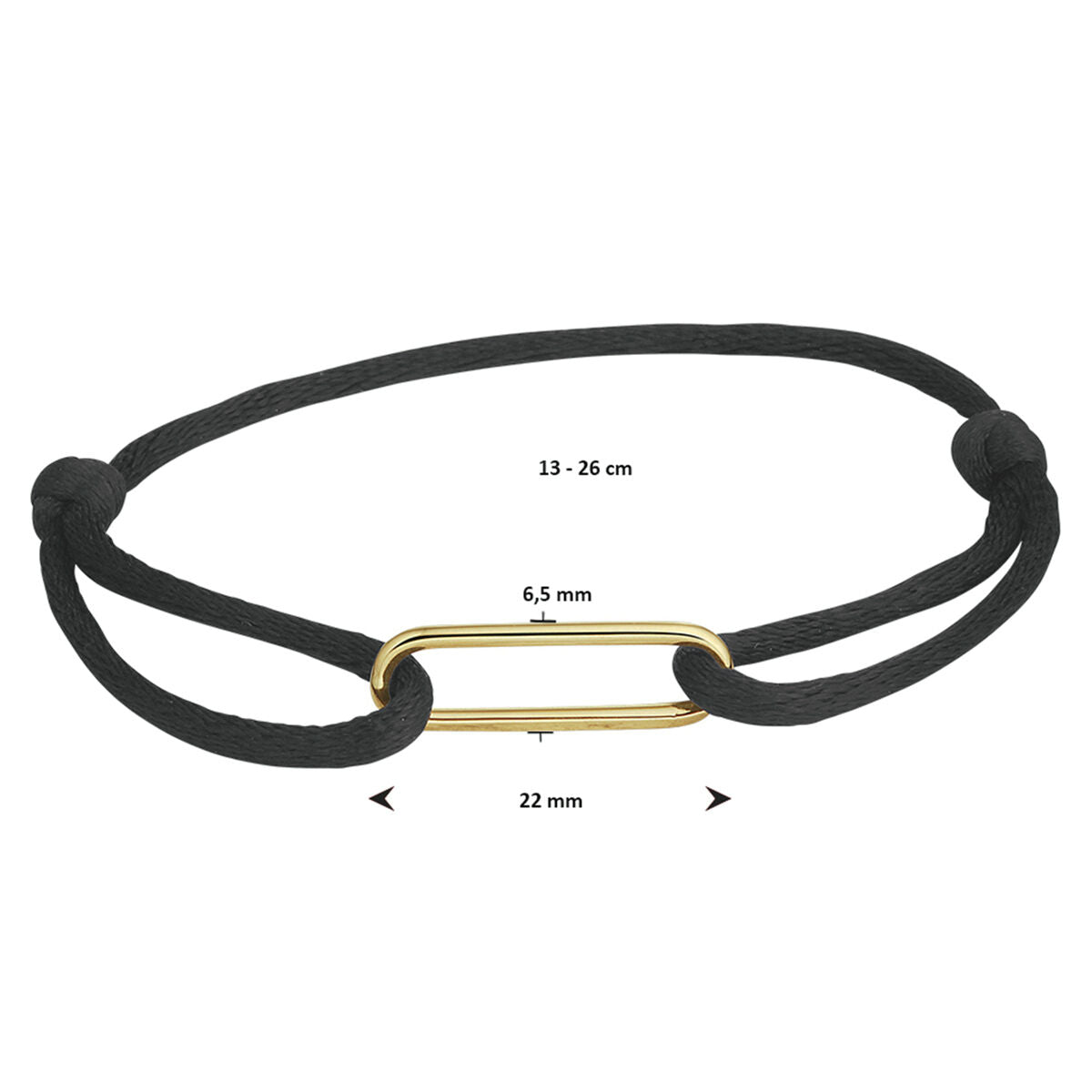 Fantasy Collection Armband satijn zwart 13 - 26 cm 14K goud met rubber/nylon/leer