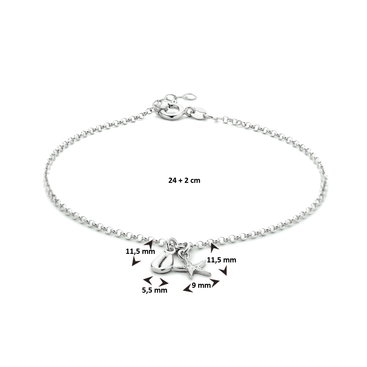 Enkelbandje schelp en zeester 24 + 2 cm zilver gerhodineerd