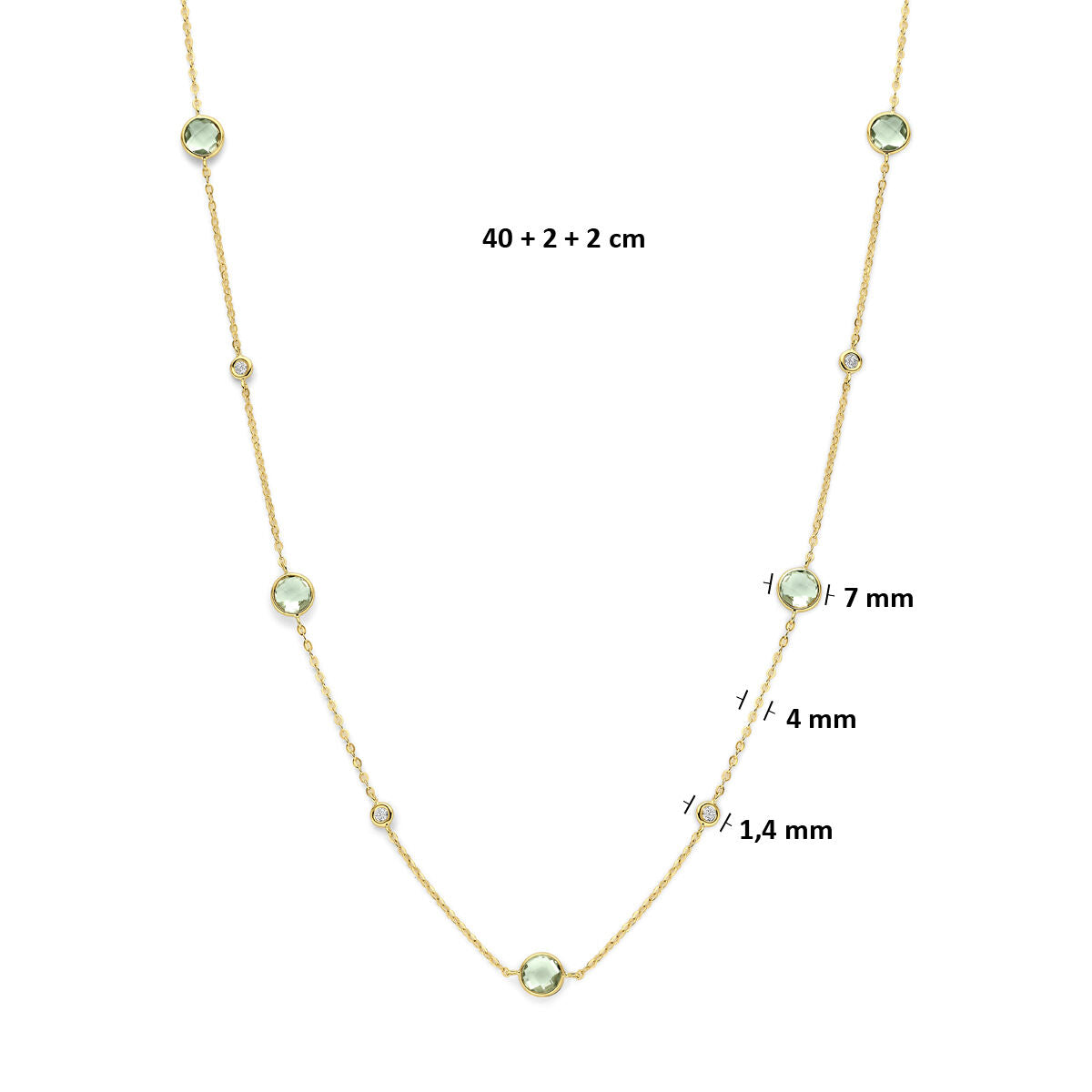 Collier groen amethist en diamant 0.25ct h si 14K geelgoud 40 + 2 + 2 cm