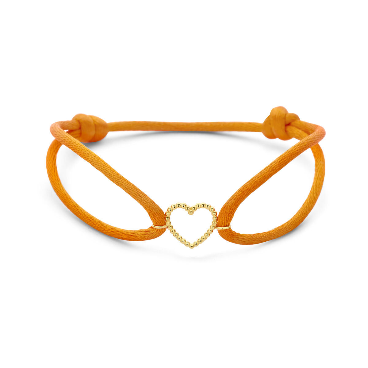 Armband oranje satijn hartje 13 - 26 cm 14K goud met rubber/nylon/leer