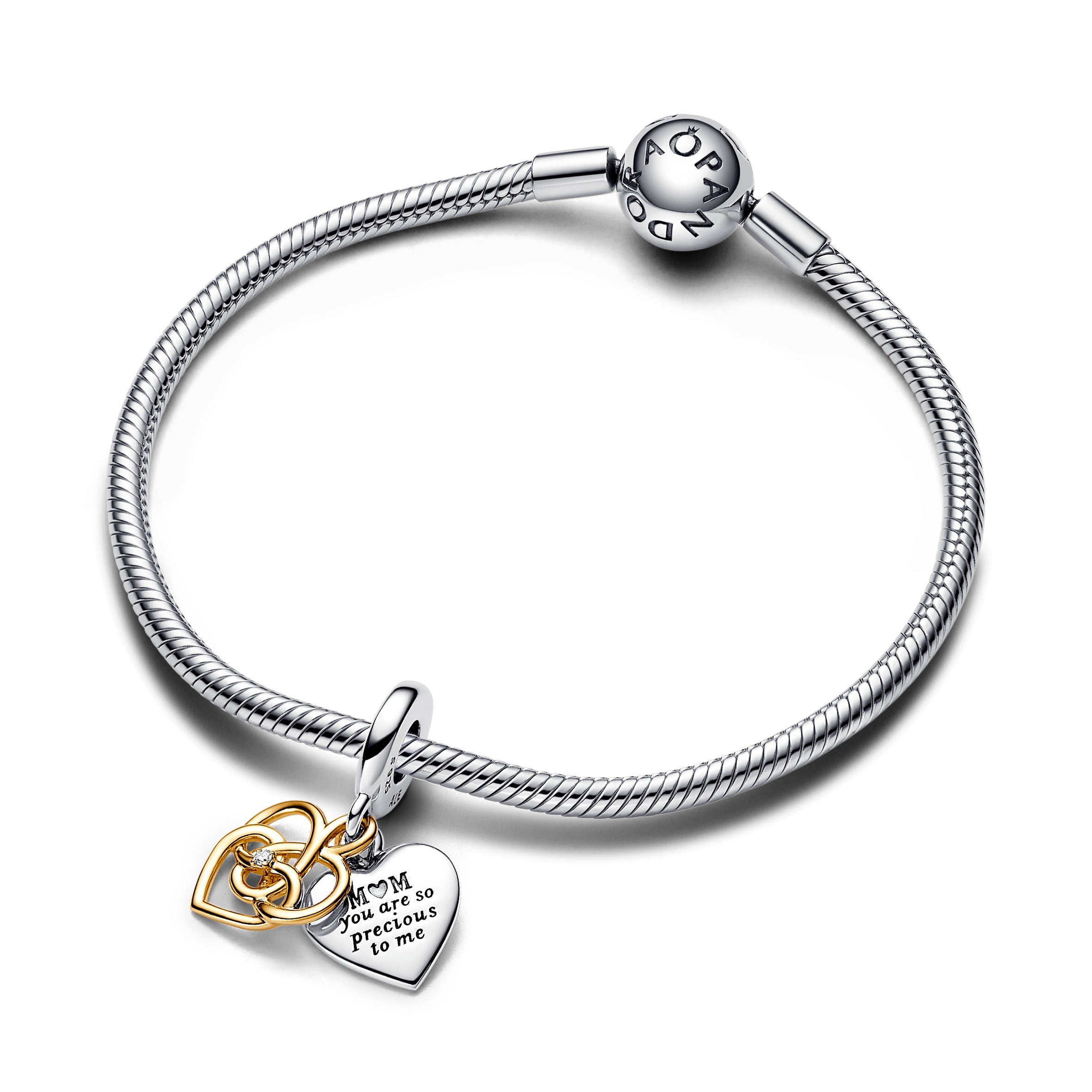 Pandora Graveerbare Moeder Dubbele Hangende Bedel met in Laboratorium Gekweekte Diamant bicolor zilver en goudverguld