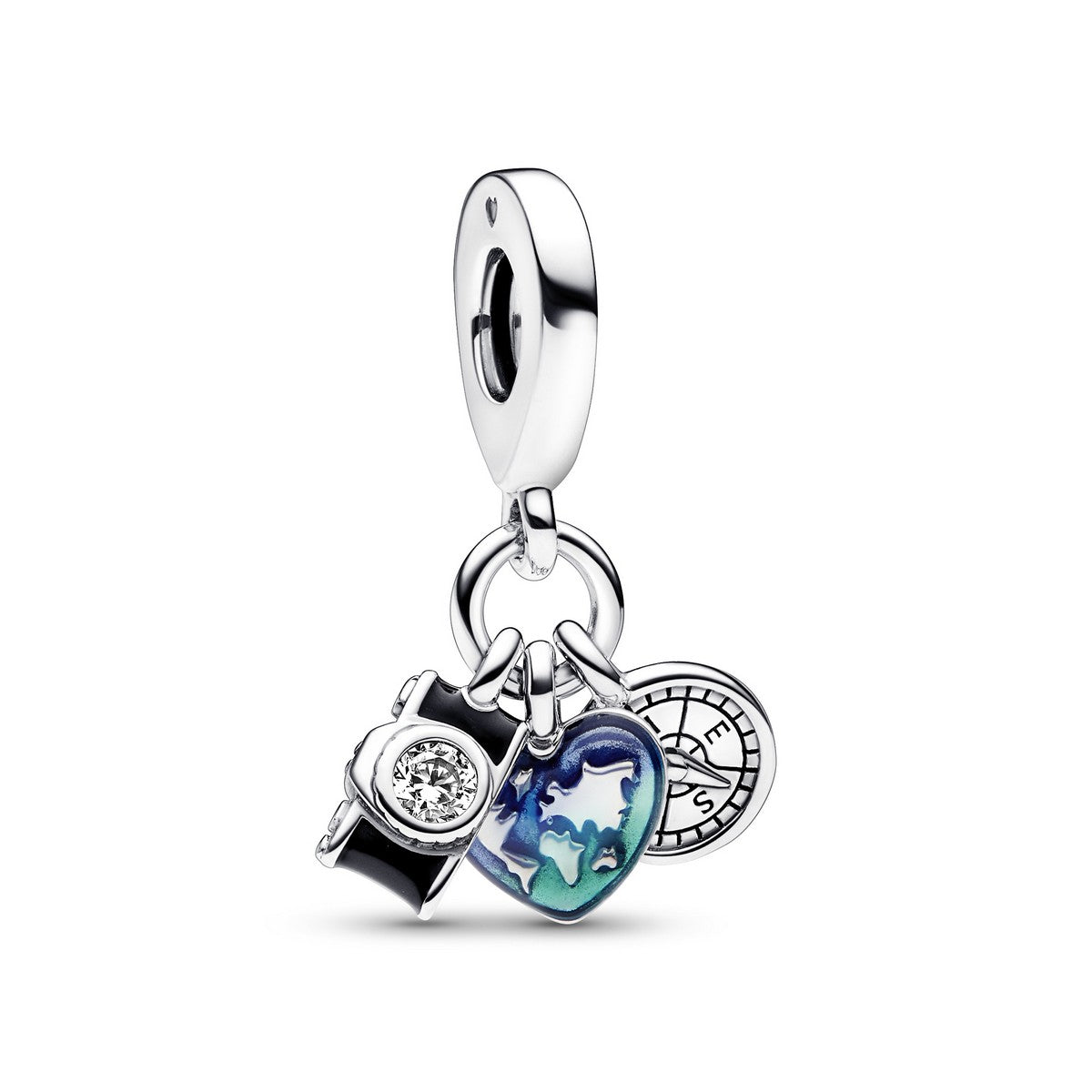 Pandora Camera, Hart & Kompas Triple Dangle Charm 792703C01, exclusief en kwalitatief hoogwaardig. Ontdek nu!