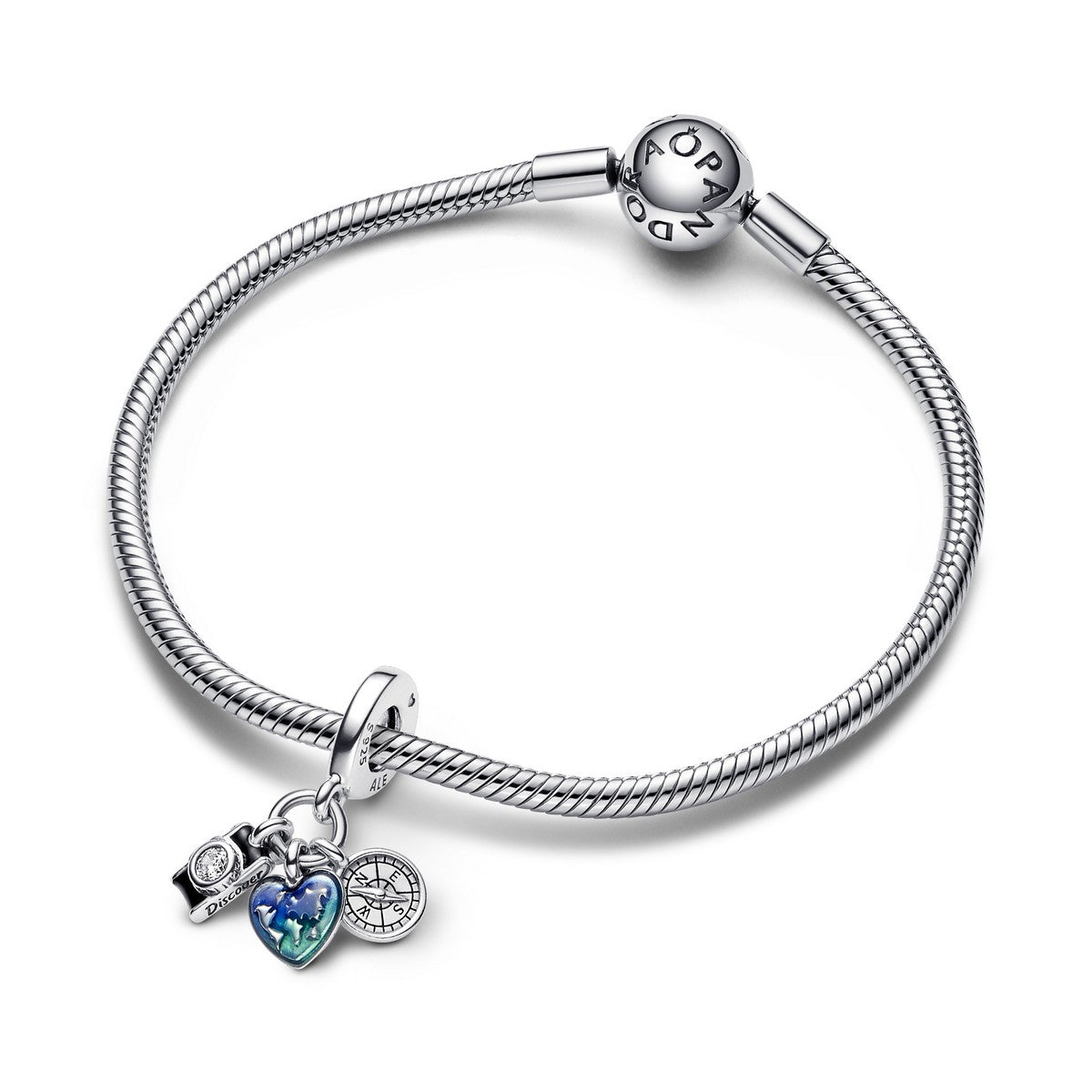 Pandora Camera, Hart &amp; Kompas Triple Dangle Charm 792703C01, exclusief en kwalitatief hoogwaardig. Ontdek nu!