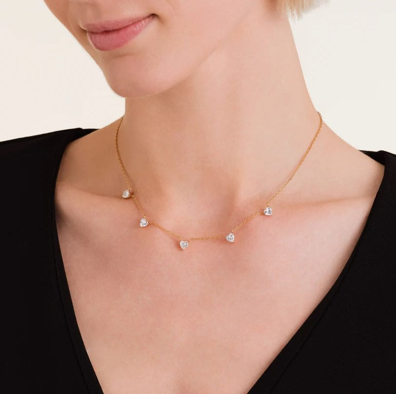 Rosefield Ketting Row of Hearts White Crystals Goudkleurig Verguld 14K Goud Stainless Steel Dames - JNRHG-J1005