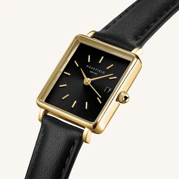 Rosefield horloge QBBLG-Q53 Boxy XS Black Black Leather Gold - PansiteNederland.nl