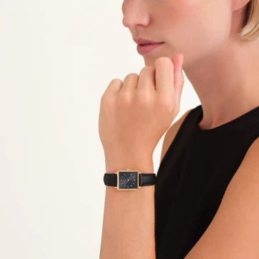 Rosefield horloge QBBLG-Q53 Boxy XS Black Black Leather Gold - PansiteNederland.nl