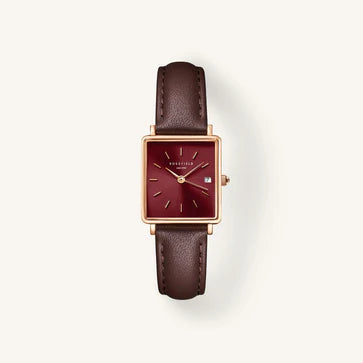 Rosefield horloge QBBLR-Q56 Boxy XS Burgundy Sunray Dark Brown Leather Rose Gold - PansiteNederland.nl