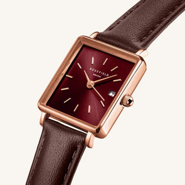 Rosefield horloge QBBLR-Q56 Boxy XS Burgundy Sunray Dark Brown Leather Rose Gold - PansiteNederland.nl