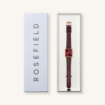 Rosefield horloge QBBLR-Q56 Boxy XS Burgundy Sunray Dark Brown Leather Rose Gold - PansiteNederland.nl
