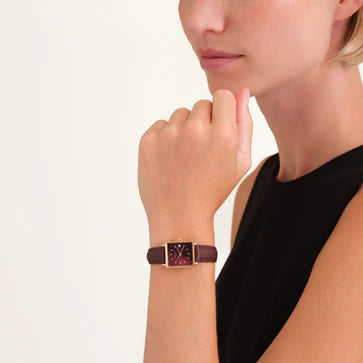 Rosefield horloge QBBLR-Q56 Boxy XS Burgundy Sunray Dark Brown Leather Rose Gold - PansiteNederland.nl
