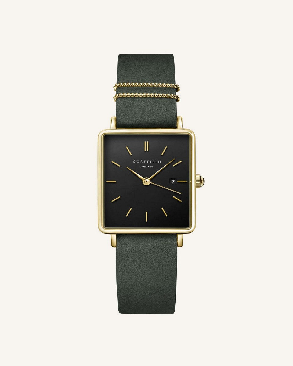 Rosefield horloge QBFGG-Q031 The Boxy Black Sunray Forest Green Gold - PansiteNederland.nl