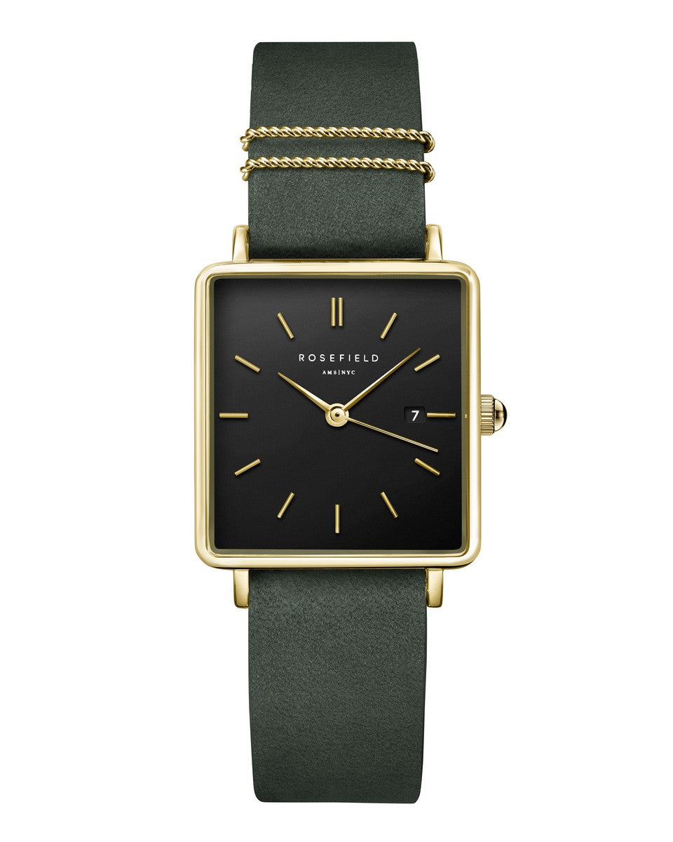 Rosefield horloge QBFGG-Q031 The Boxy Black Sunray Forest Green Gold - PansiteNederland.nl