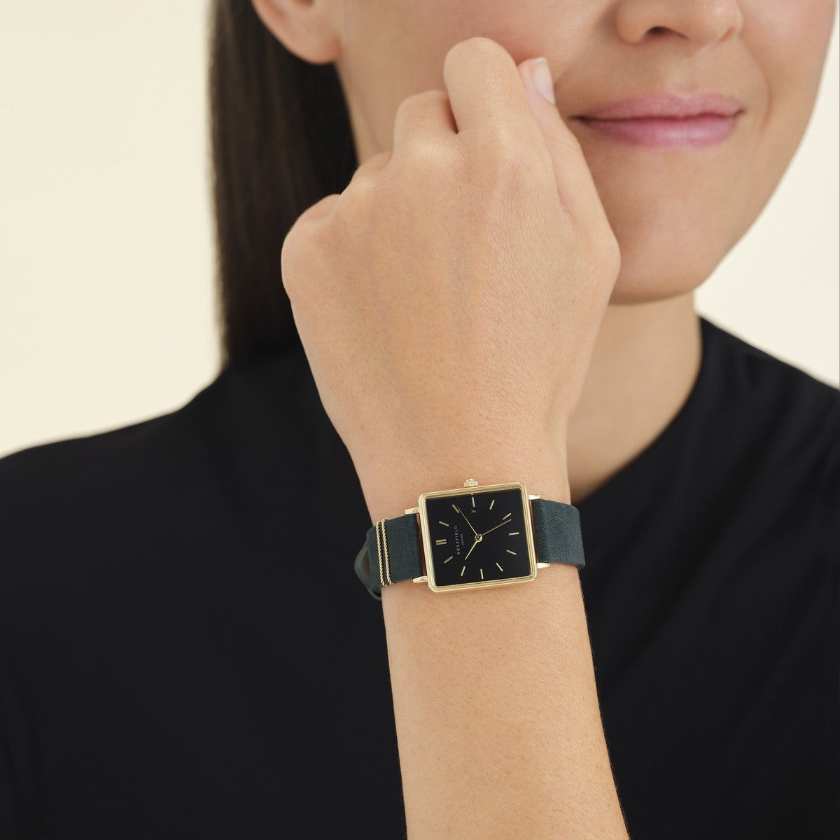 Rosefield horloge QBFGG-Q031 The Boxy Black Sunray Forest Green Gold - PansiteNederland.nl