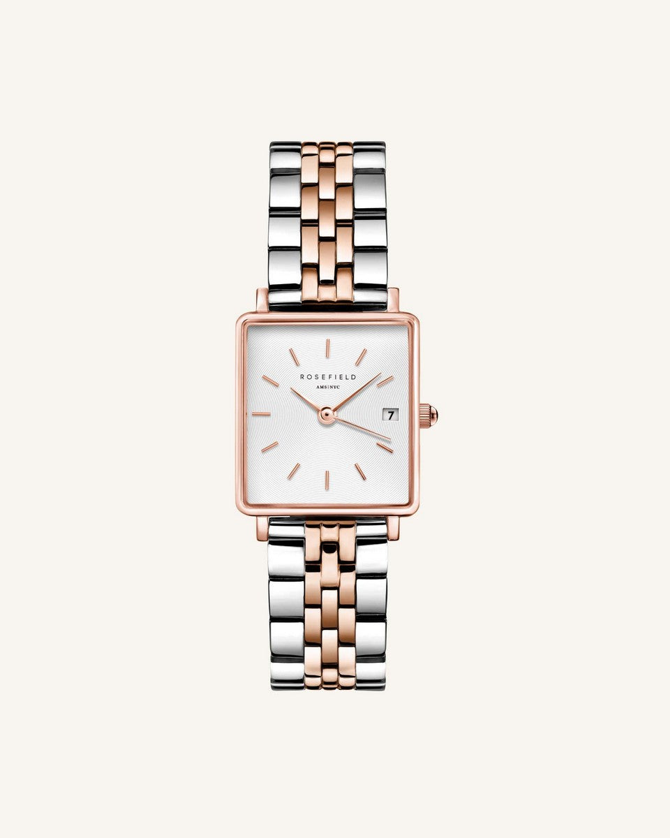 Rosefield horloge QMWSSR-Q024 The Boxy XS White Sunray Steel Silver Rosegold Duo - PansiteNederland.nl