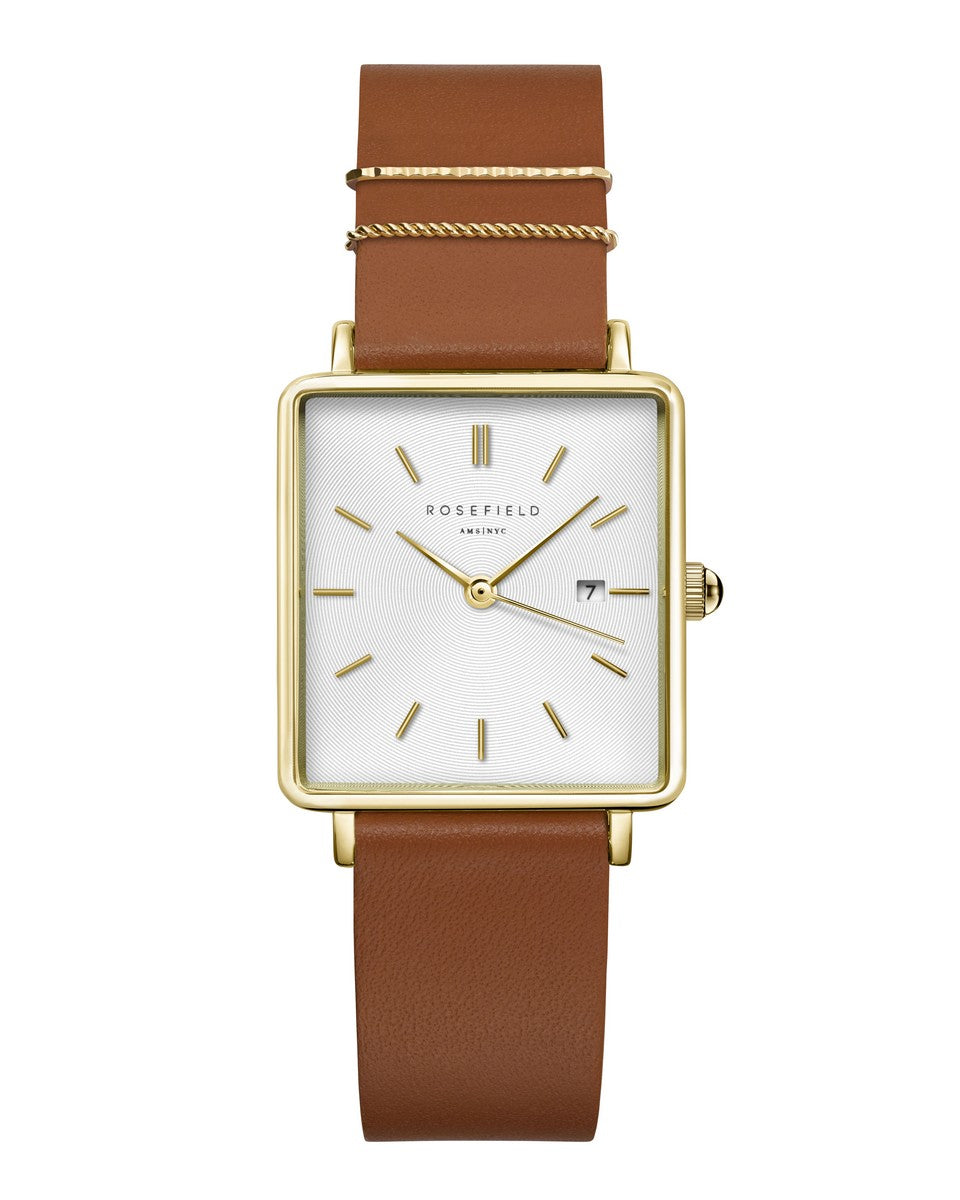 Rosefield horloge QSCG-Q029 The Boxy White Sunray Cognac Gold  - PansiteNederland.nl