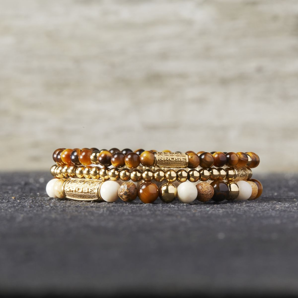 Rebel & Rose More Balls Than Most 6mm Armband RR-60044-G – Bruin/Geel, Roomwit en Geel-goud