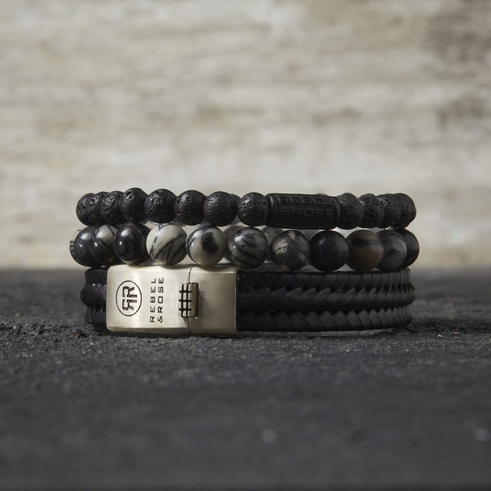 Rebel & Rose Stones Only 8mm Armband RR-80032-S – Zwart/grey met witte vlekken