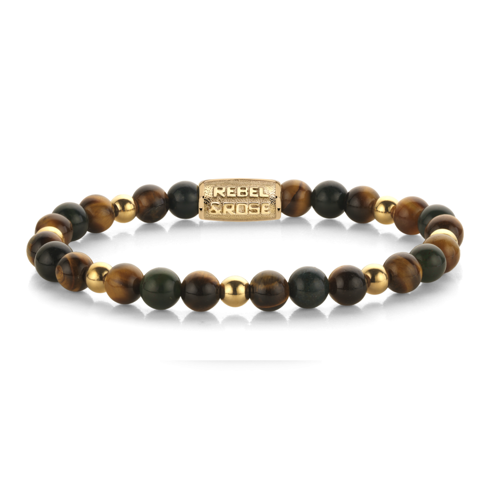 Rebel & Rose More Balls Than Most 6mm Armband RR-60163-G - Bruin/Groen/Goudkleurig
