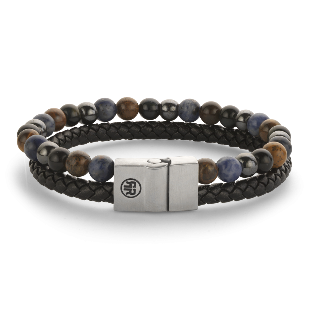 Rebel & Rose Full Metal Leather 12mm Armband RR-M0070-S – Blauw/Bruin/Grijs