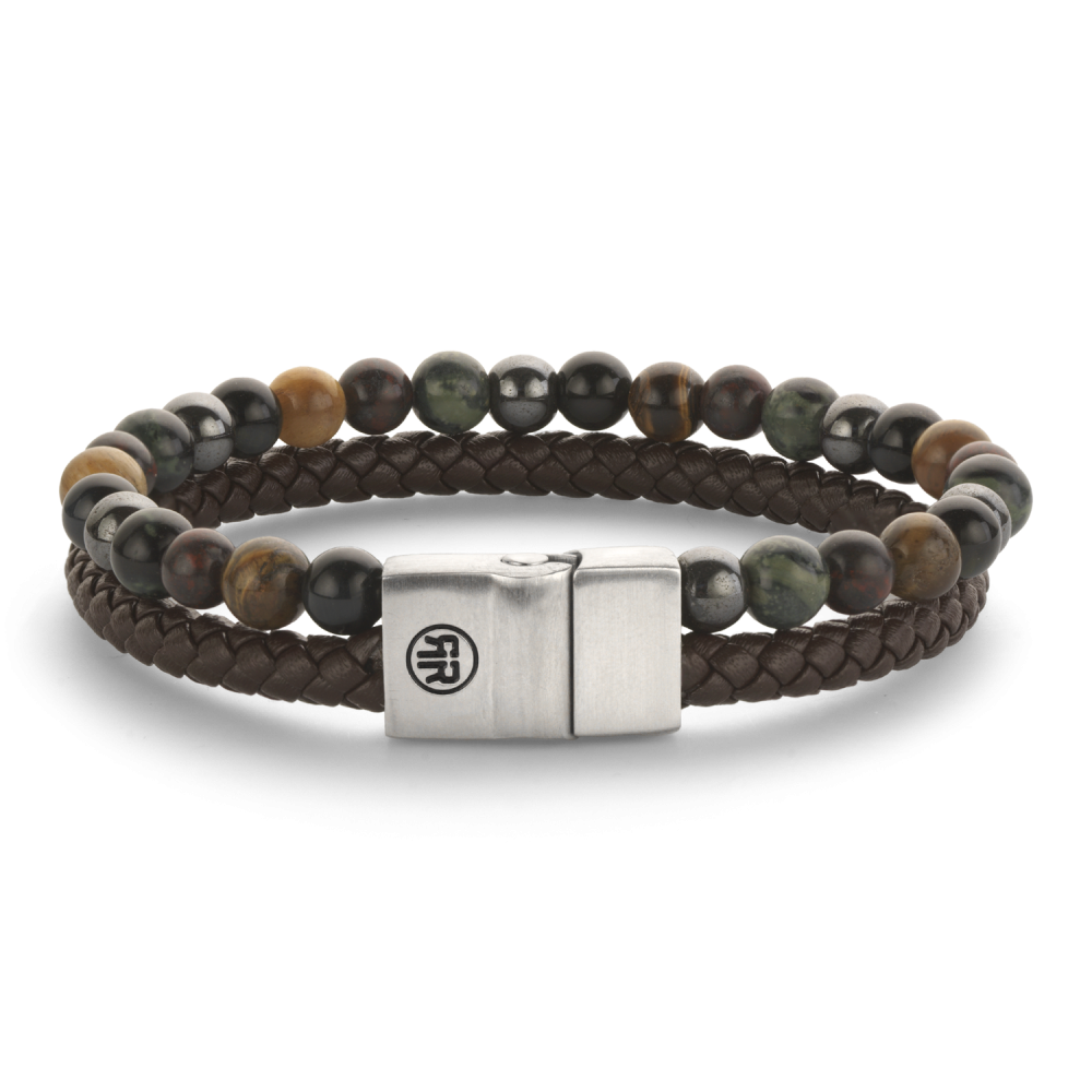 Rebel & Rose Full Metal Leather 12mm Armband RR-M0071-S – Bruin/beige, groen en zwart