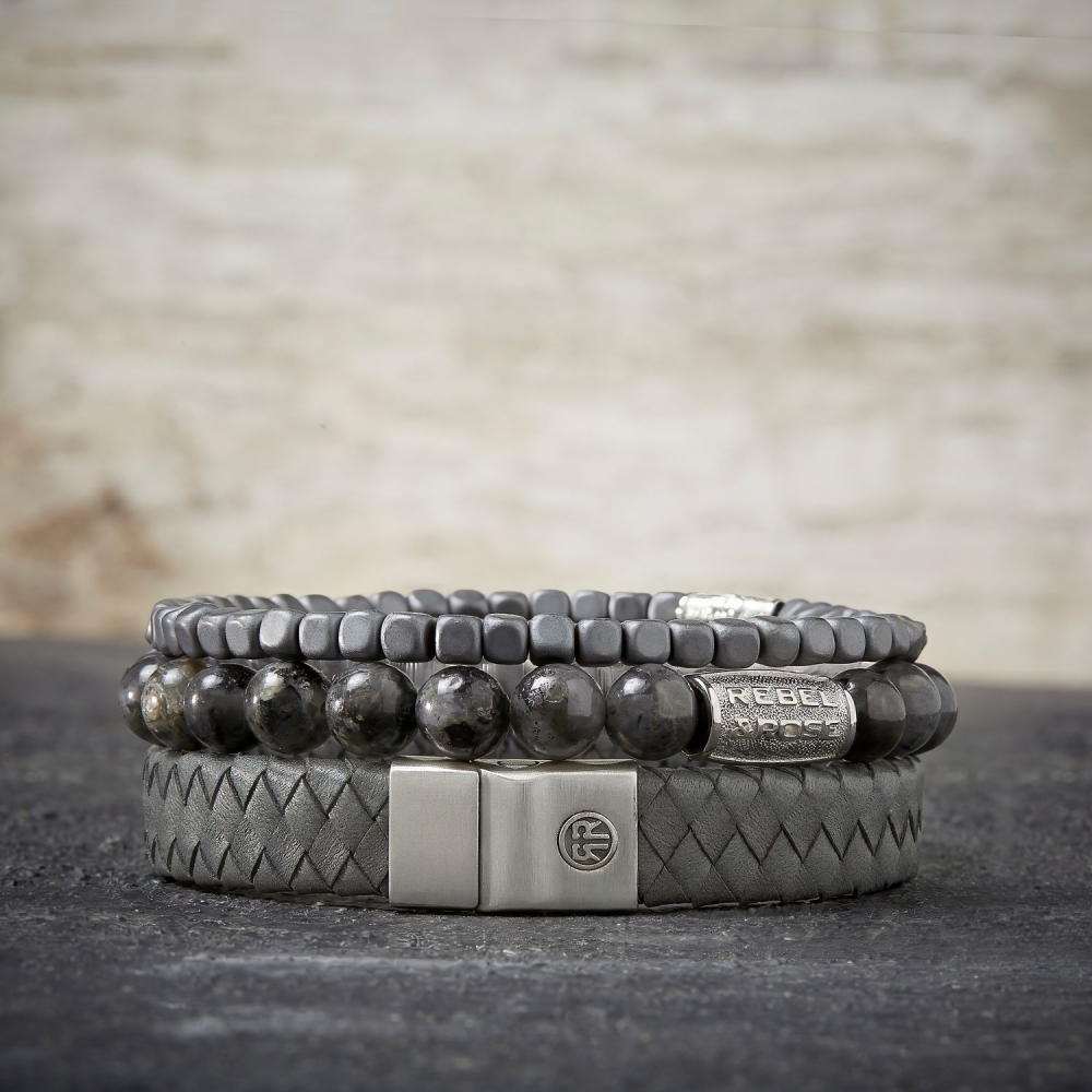 Rebel & Rose Full Metal Leather 12mm Armband RR-M0046-S – Grijs
