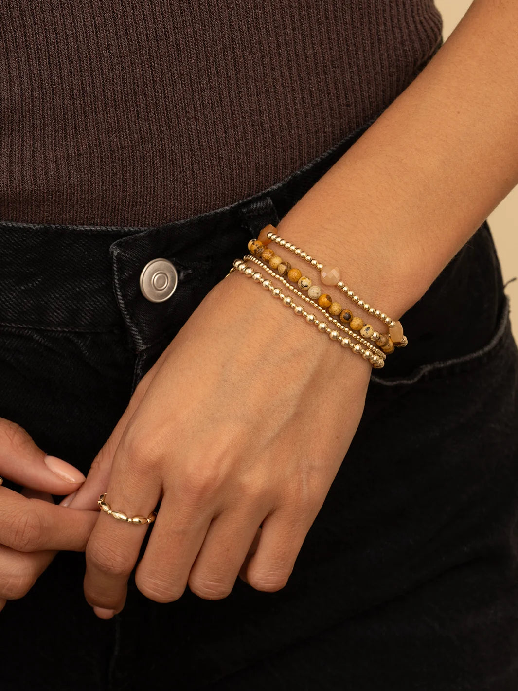 Sparkling Jewels Armband Saturn Small 4mm Landschapsjaspis SBG-GEM22-ADD-4MM Goudkleurig