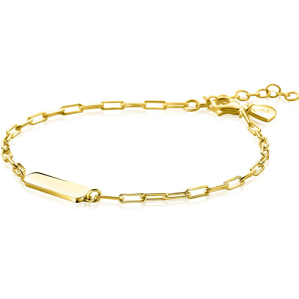 ZINZI gold plated zilveren armband met paperclip-schakels en glanzend rechthoekig plaatje om te graveren 16,5-19,5cm ZIA2530G - PansiteNederland.nl