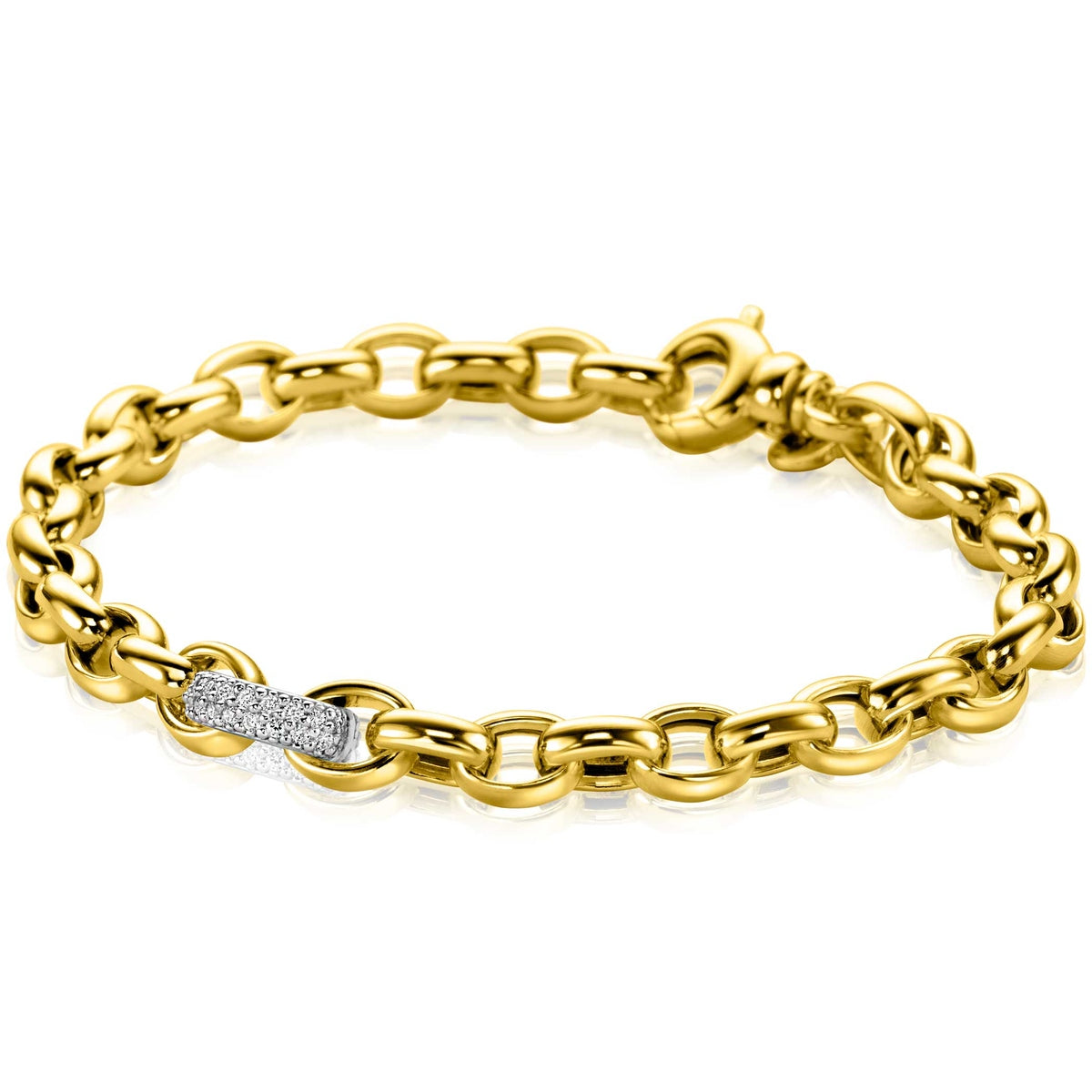 ZINZI gold plated zilveren schakel armband met een ronde schakel bezet met witte zirkonia's 6mm breed 19cm ZIA2664 - PansiteNederland.nl