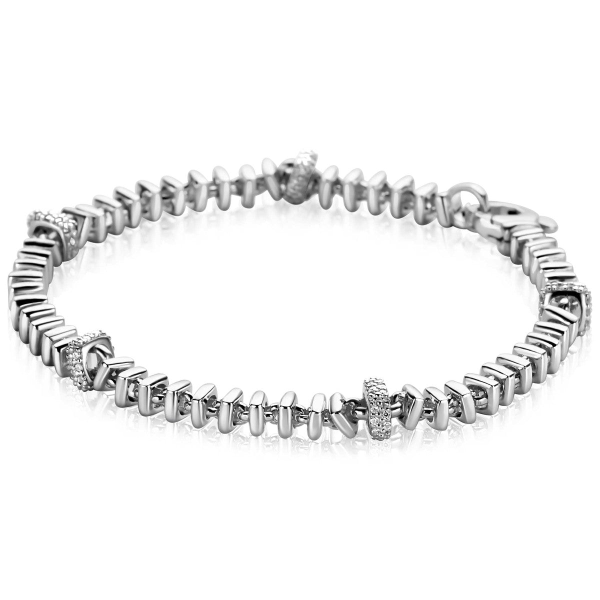 ZINZI zilveren vierkante schakel armband 6mm breed afwisselend bezet met witte zirkonia's 19cm ZIA2678 - PansiteNederland.nl