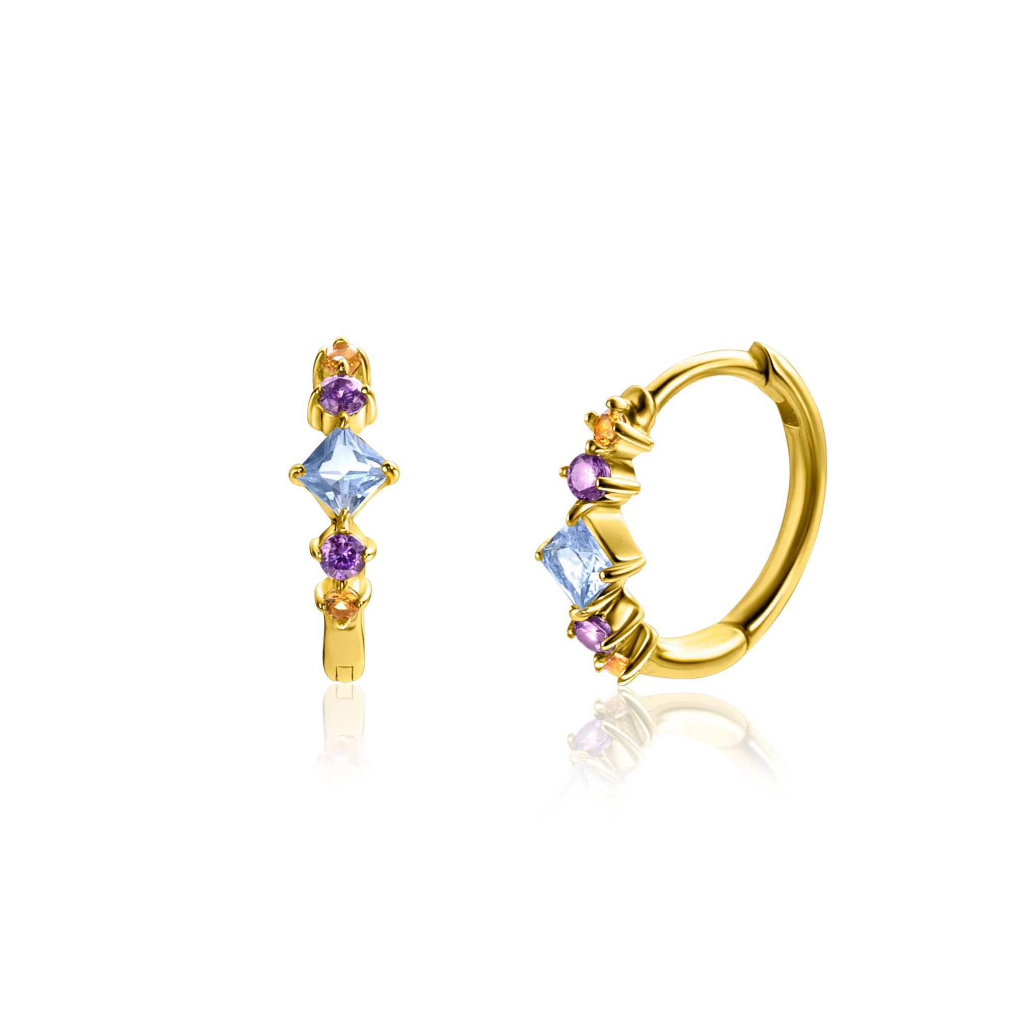 Zinzi Gold Plated Zilveren Oorringen Blauwe, Paarse en Champagne Zirkonia's en Scharniersluiting - ZIO2443, exclusief en kwalitatief hoogwaardig. Ontdek nu!