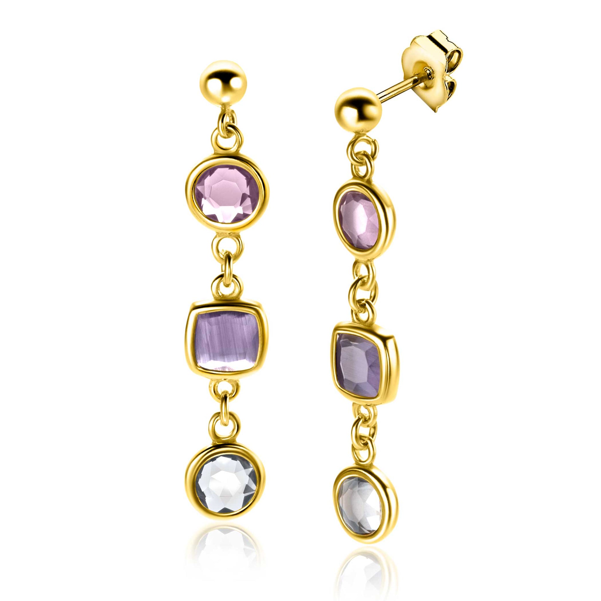 ZINZI gold plated zilveren oorsieraden rond vierkant paars en witgrijs ZIO2525G - 40mm - PansiteNederland.nl