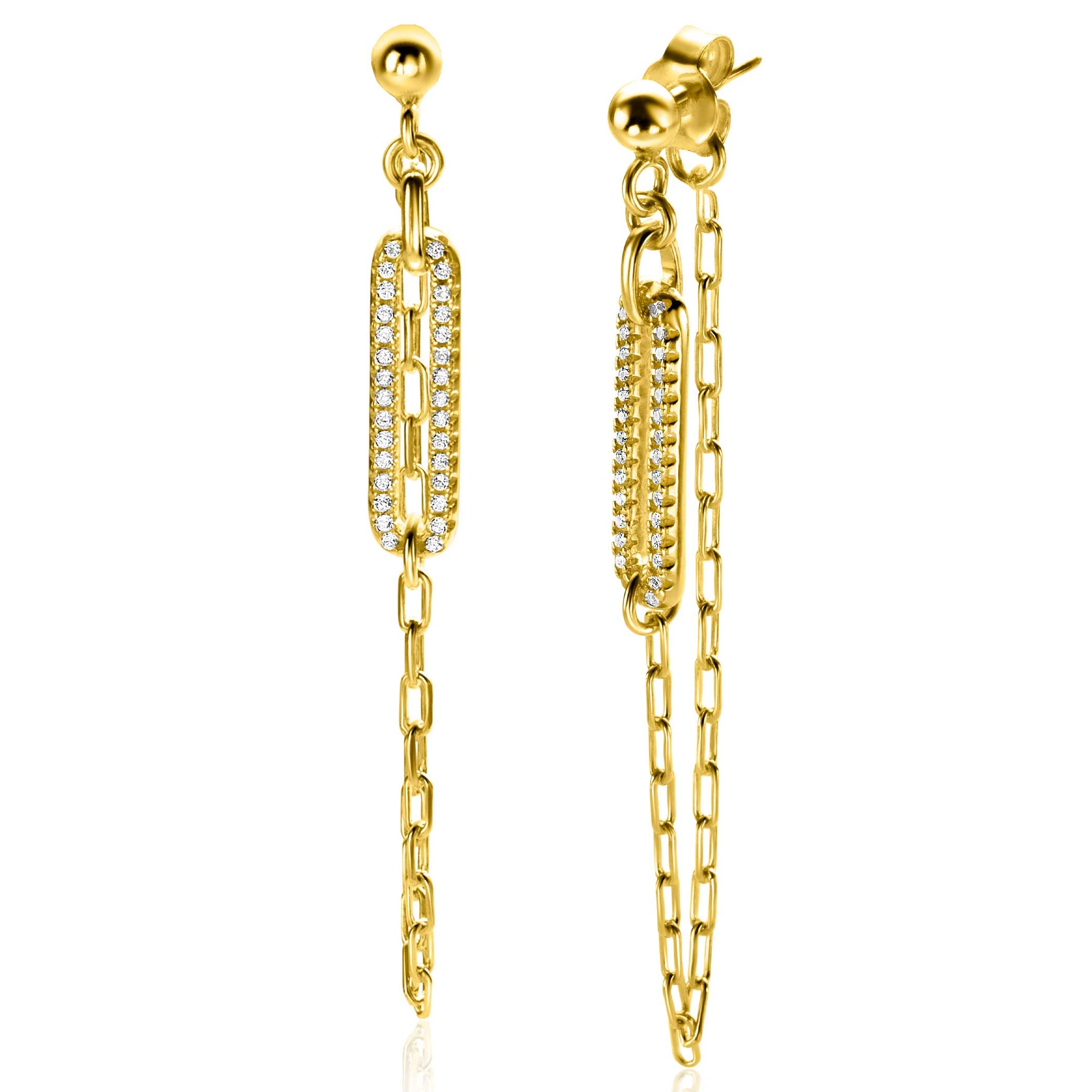 ZINZI gold plated zilveren oorstekers met paperclip ketting en open ovale vorm bezet met witte zirkonia's ZIO2538 - 60mm - PansiteNederland.nl