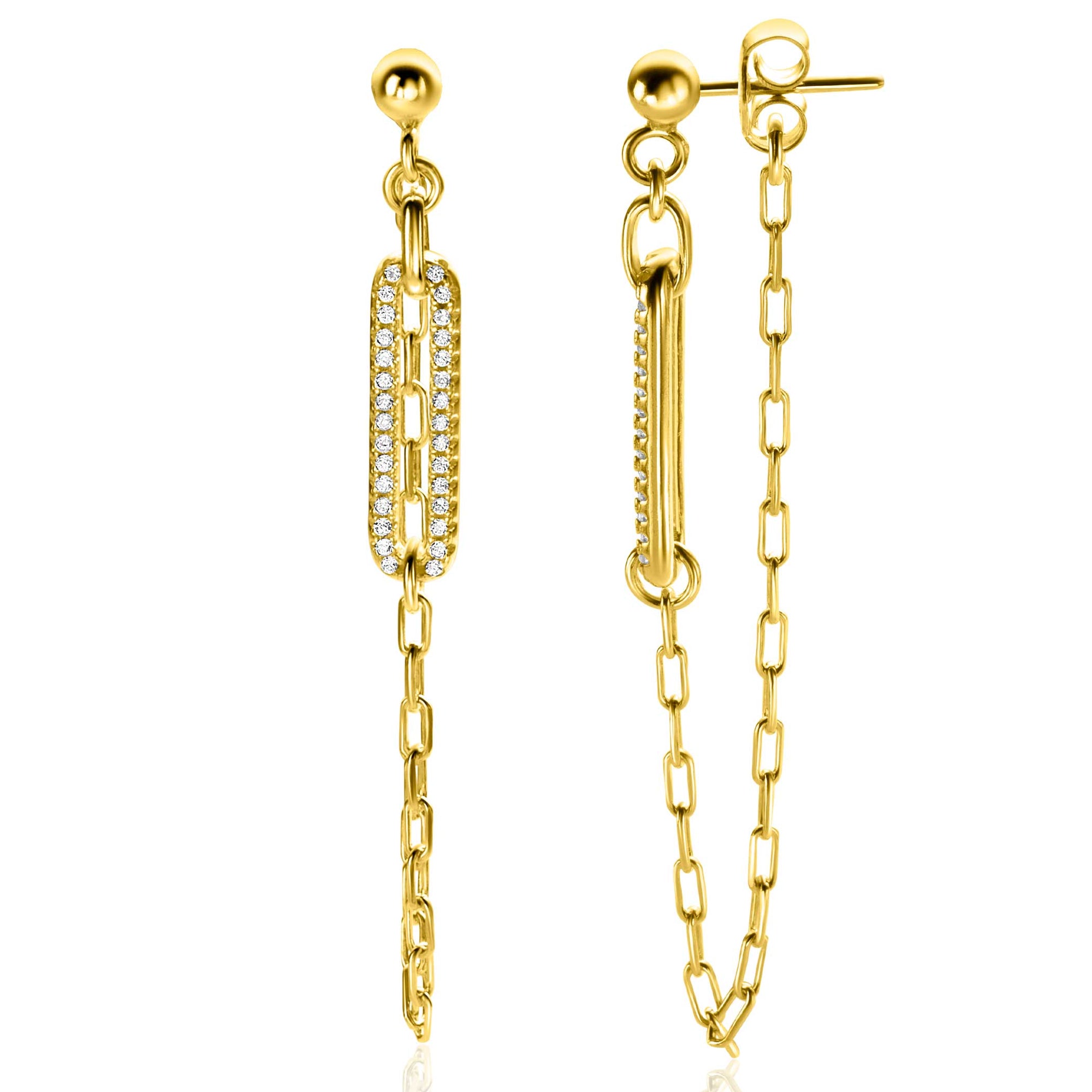 ZINZI gold plated zilveren oorstekers met paperclip ketting en open ovale vorm bezet met witte zirkonia's ZIO2538 - 60mm - PansiteNederland.nl
