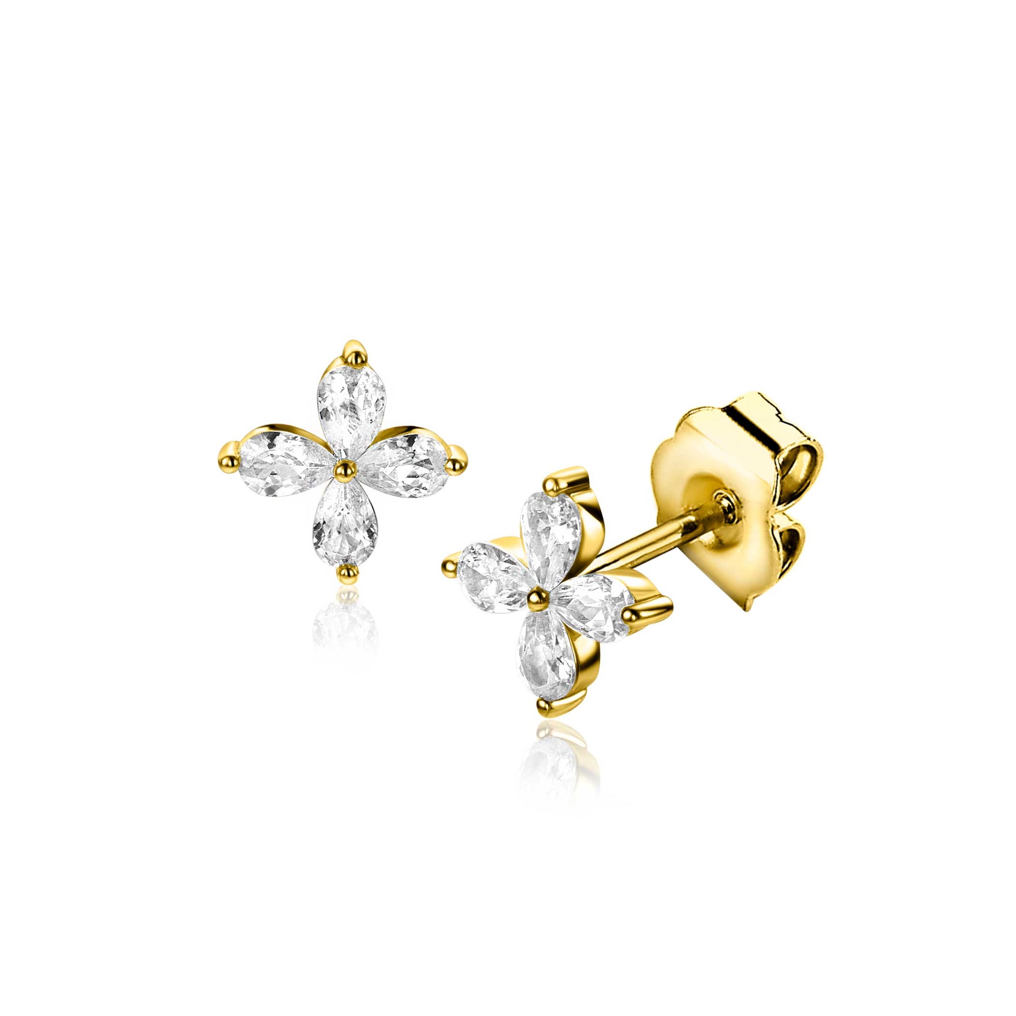 ZINZI gold plated zilveren oorknoppen met bloem bezet met vier druppelvormige witte zirkonia&#39;s ZIO2624 - PansiteNederland.nl