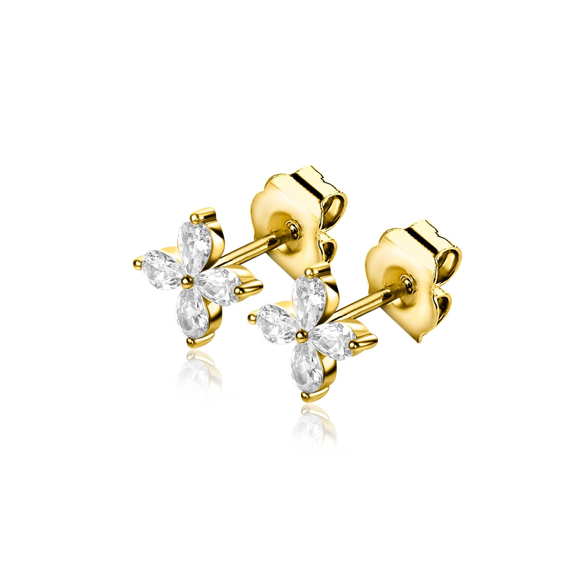 ZINZI gold plated zilveren oorknoppen met bloem bezet met vier druppelvormige witte zirkonia&#39;s ZIO2624 - PansiteNederland.nl