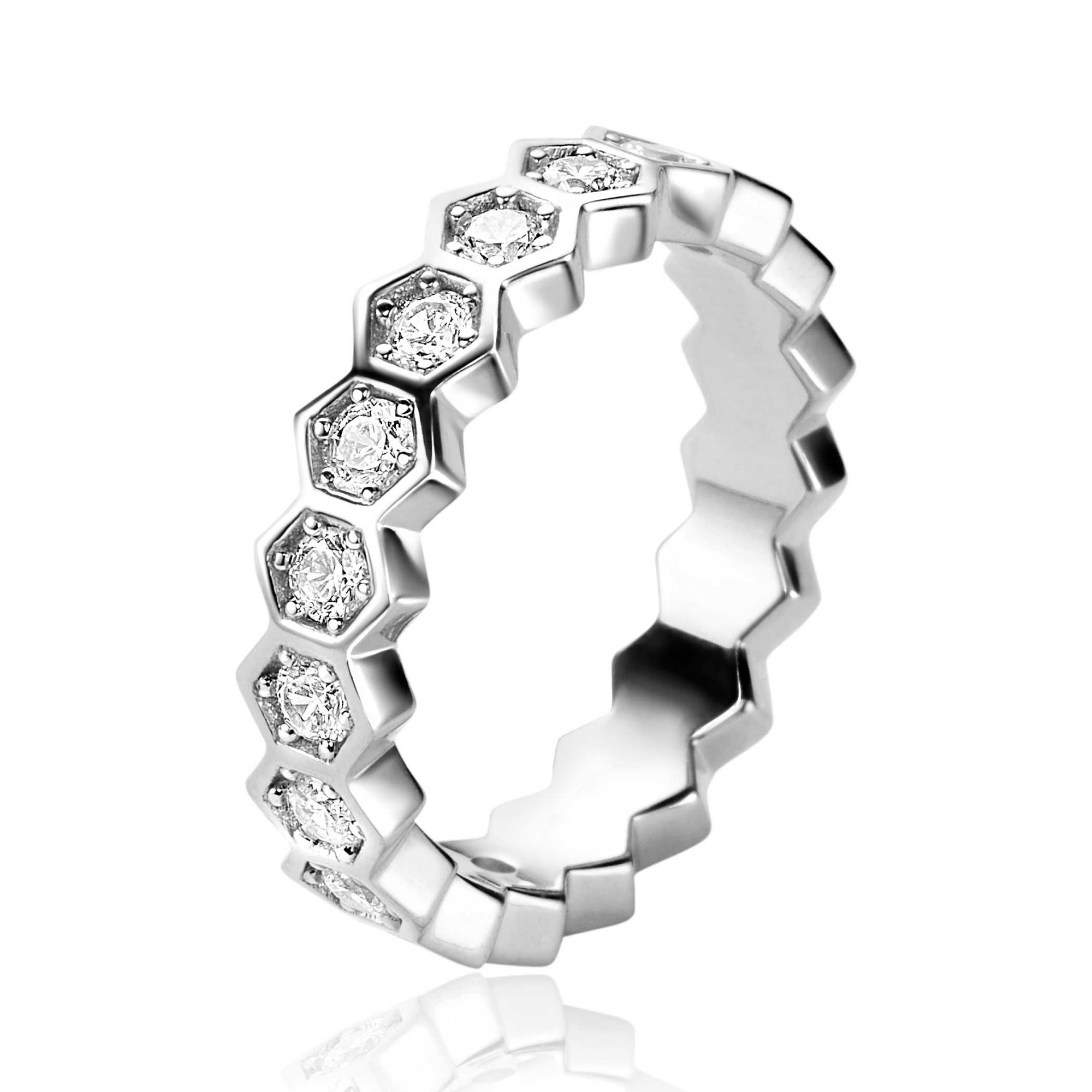 ZINZI Zilveren Brede Ring met Zeshoeksvormen en Witte Zirkonia's - ZIR2543, exclusief en kwalitatief hoogwaardig. Ontdek nu!
