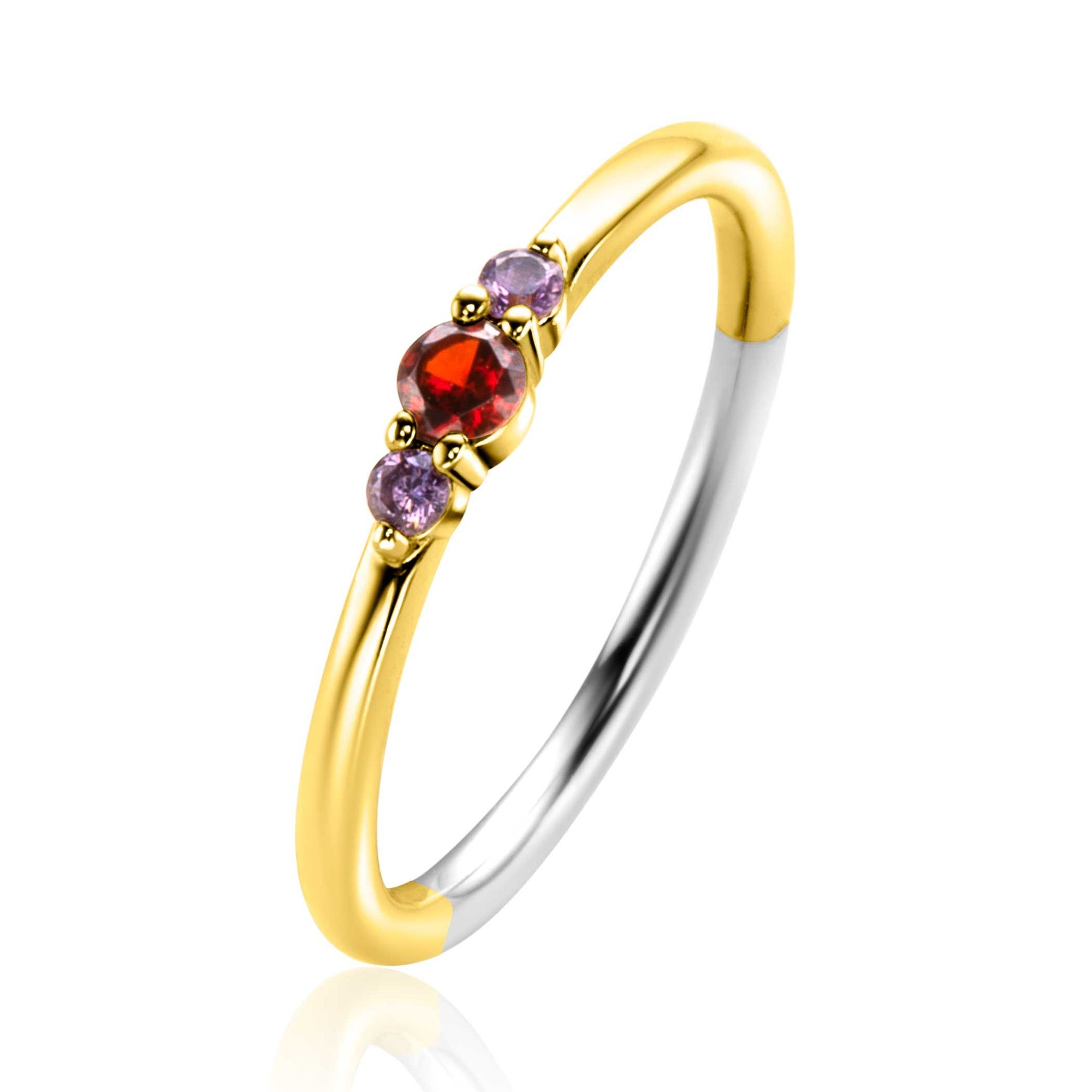 Zinzi Gold Plated Zilveren Ring met Rode en Paarse Zirkonia&#39;s - ZIR2563, exclusief en kwalitatief hoogwaardig. Ontdek nu!