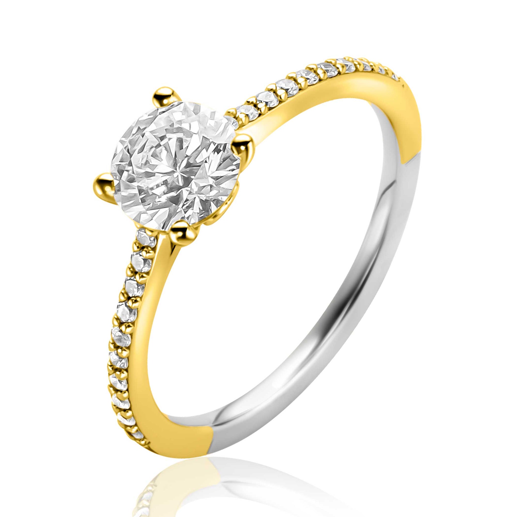 ZINZI gold plated met witte zirkonia (6,5mm) in vierpootszetting en klein hartje aan de zijkant ZIR2696Y - PansiteNederland.nl