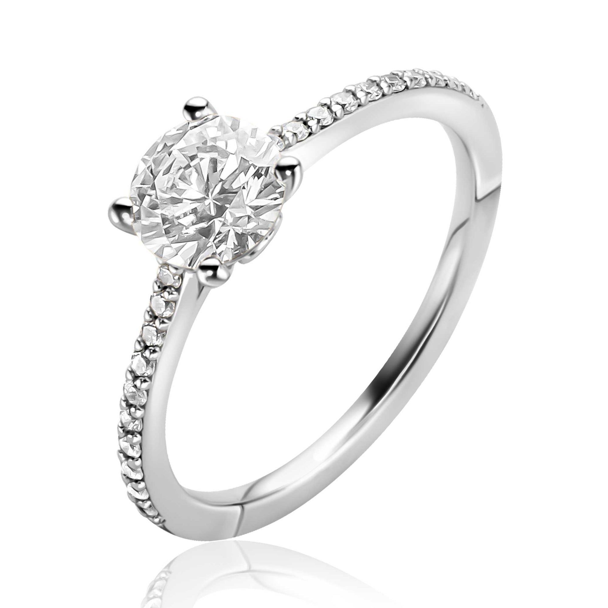 ZINZI zilveren ring met witte zirkonia (6,5mm) in vierpootszetting en klein hartje aan de zijkant ZIR2696 - PansiteNederland.nl