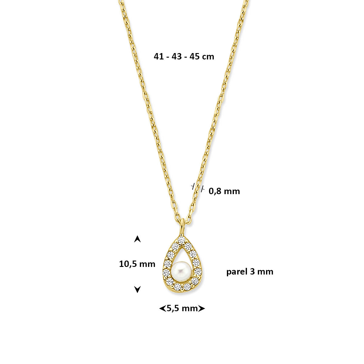 Fantasy Collection Collier zirkonia en parel 41 - 43 - 45 cm 14K geelgoud