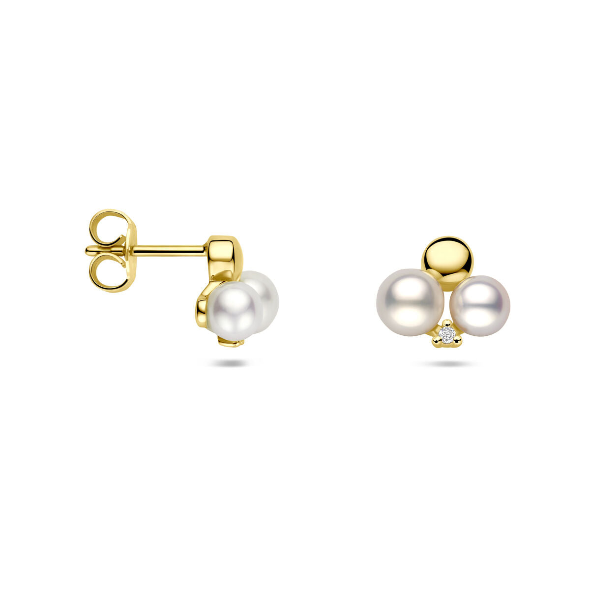14K geelgouden oorknoppen parels en diamant 0.02ct 2x 0.01ct h si 9 mm - 4034539