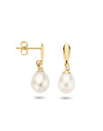 9K geelgouden oorhangers parel en zirkonia 19 mm - 8000475