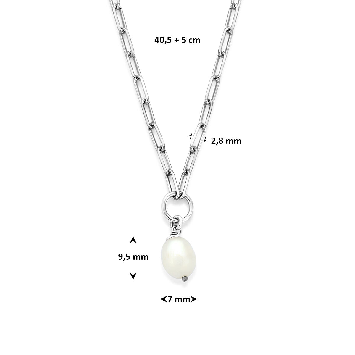 Collier parel 40,5 + 5 cm zilver gerhodineerd
