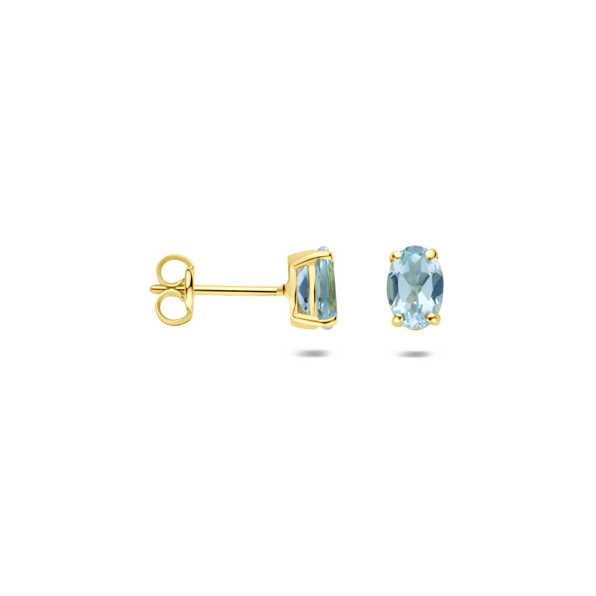 Oorknoppen blauw topaas 9K geelgoud 6 mm