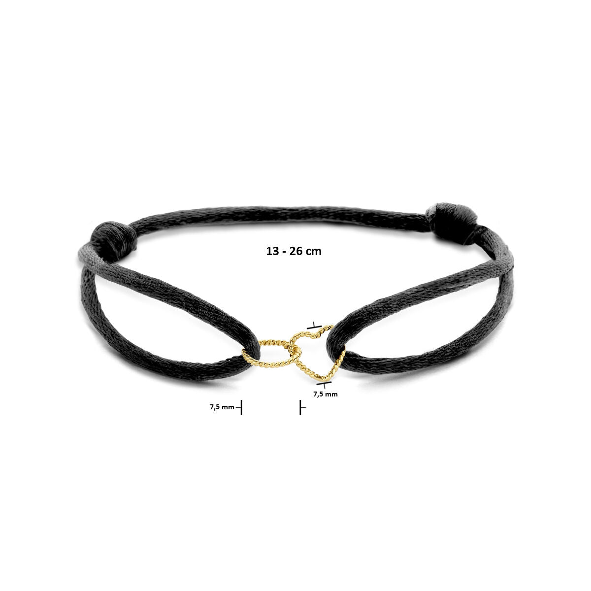 Armband satijn zwart hart en rondje gedraaid 13 - 26 cm 14K goud met rubber/nylon/leer