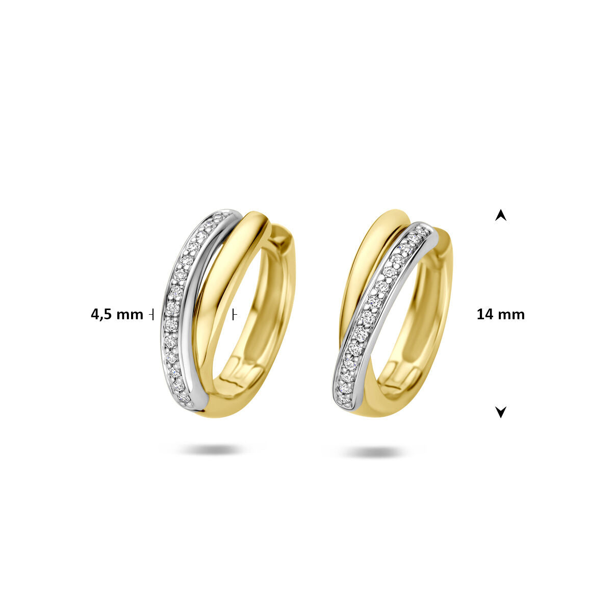 Klapoorringen diamant 0.09ct (2x 0.045ct) h si 14K bicolor goud 14 mm