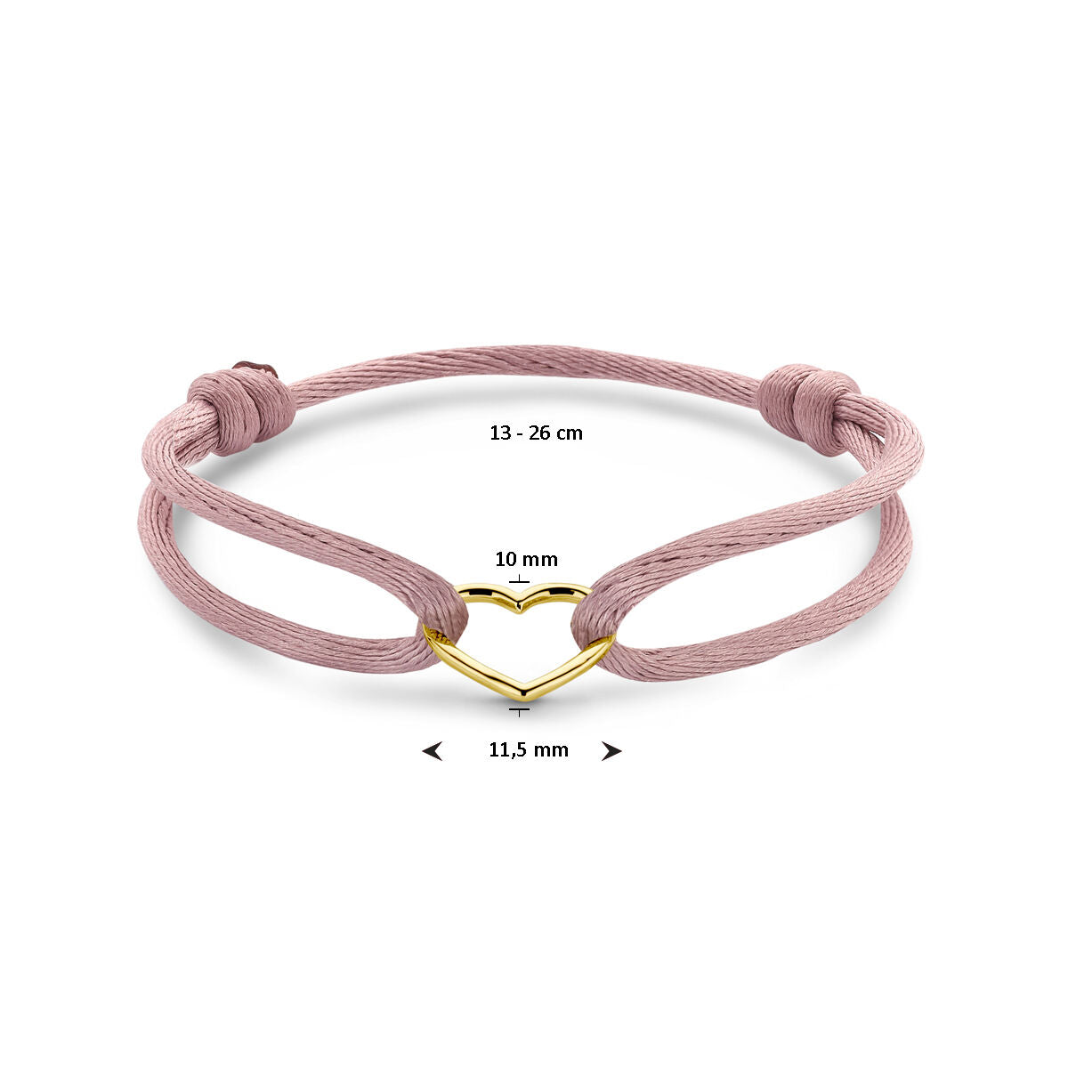 Fantasy Collection Armband satijn zacht roze hart 13 - 26 cm 14K goud met rubber/nylon/leer