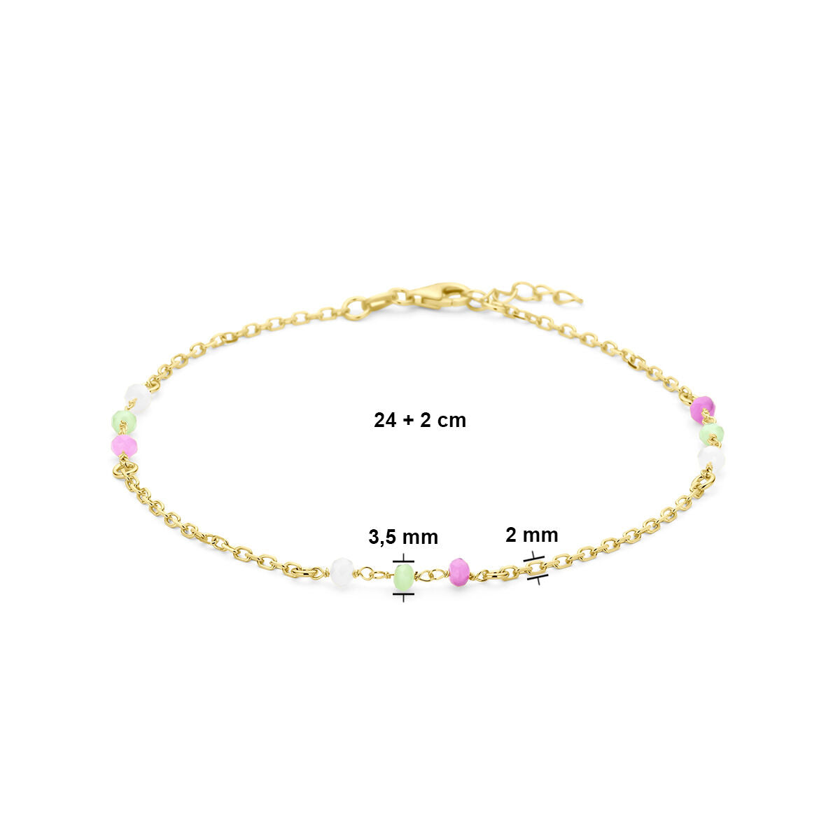 Enkelbandje meerdere kleuren kristal bolletjes 24 + 2 cm 3 micron zilver verguld (geel)